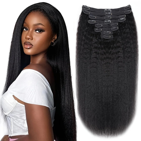 Kinky Straight Clip in Hair Extensions 120g 18Inch Kinky Clip Ins Brazilian Remy Hair Extensions Natural Black #1B For Woman