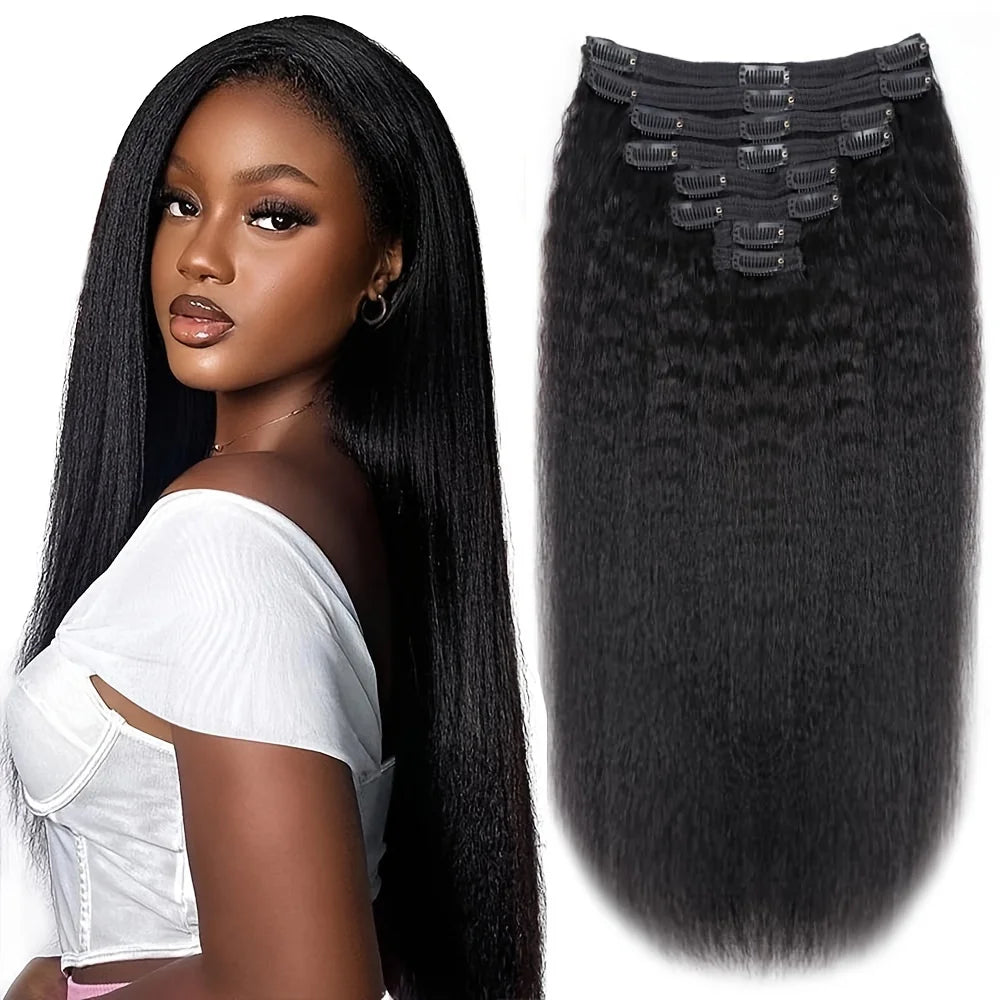Kinky Straight Clip in Hair Extensions 120g 18Inch Kinky Clip Ins Brazilian Remy Hair Extensions Natural Black #1B For Woman