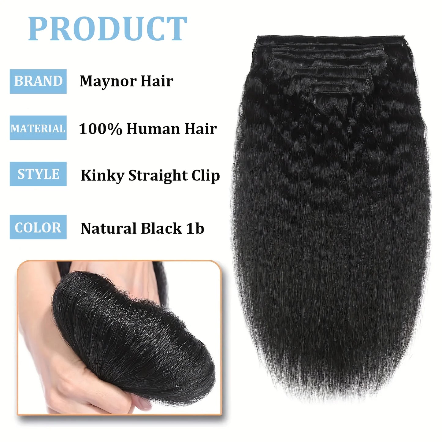 Kinky Straight Clip in Hair Extensions Seamless Clip ins Hair Extensions 16 Inch Real 100% Human Hair Straight Natural Color 1B