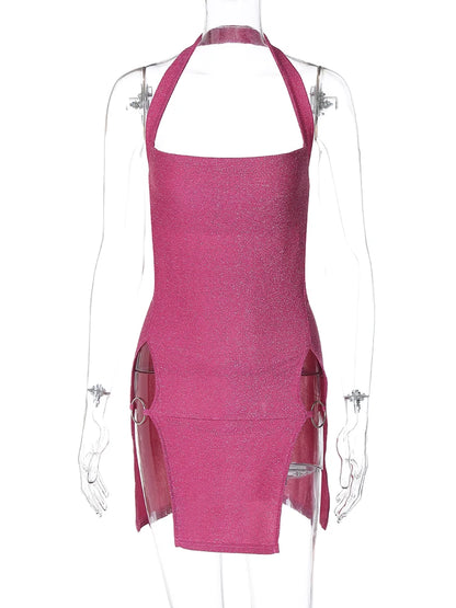 Hugcitar 2024 Women Elegant Shine Halter Backless Slit Sexy Slim Midi Dress Spring Summer Clothes Birthday Party Festival Y2K