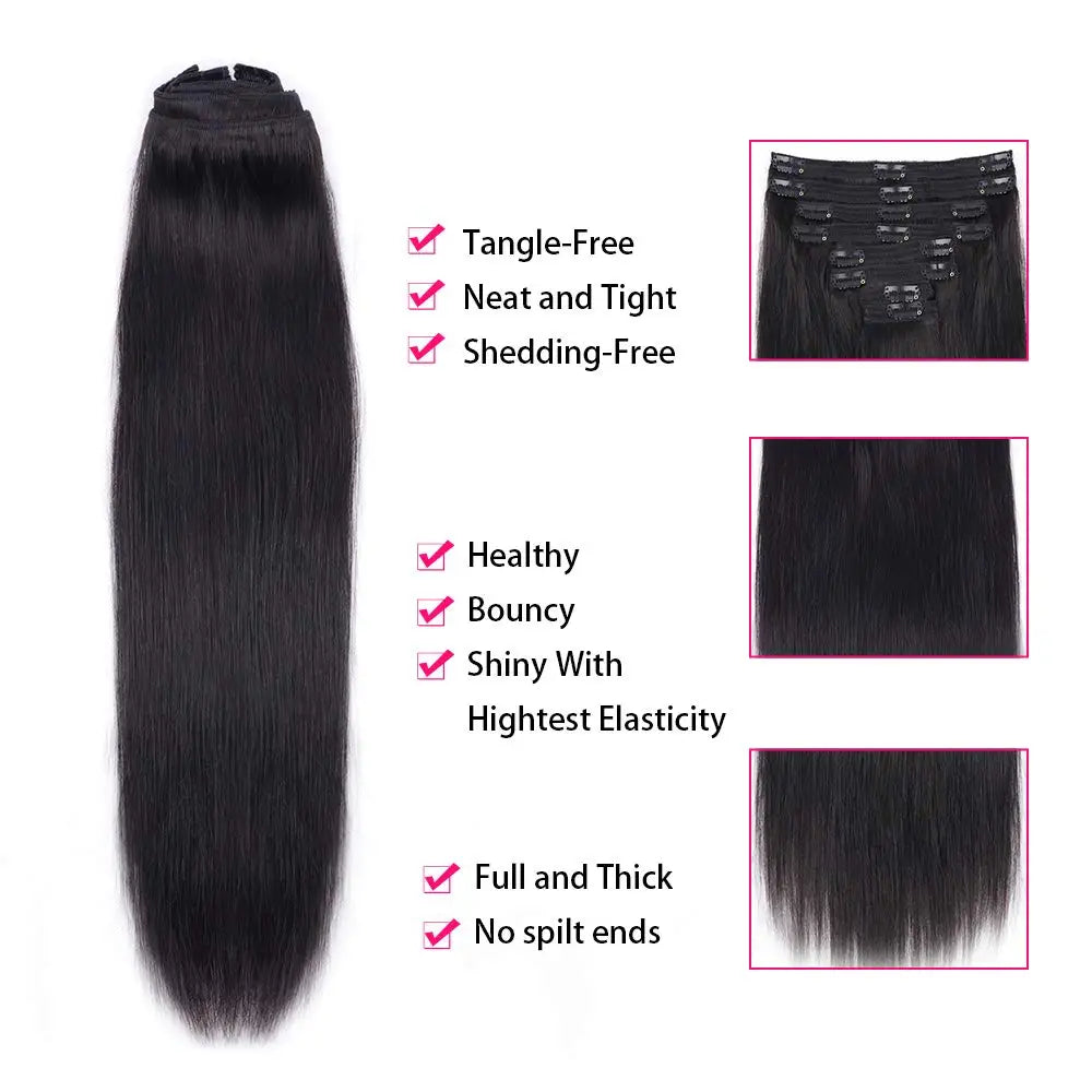 Clip In Hair Extension Human Hair Straight Brazilian Human Hair Clip In Extensions Full Head Seamless Natural Black 1B For Women
