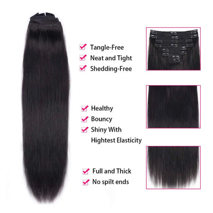 Clip In Hair Extension Human Hair Straight Brazilian Human Hair Clip In Extensions Full Head Seamless Natural Black 1B For Women