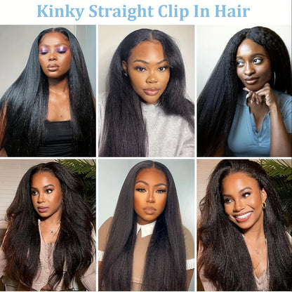 Kinky Straight Clip in Hair Extensions 120g 18Inch Kinky Clip Ins Brazilian Remy Hair Extensions Natural Black #1B For Woman