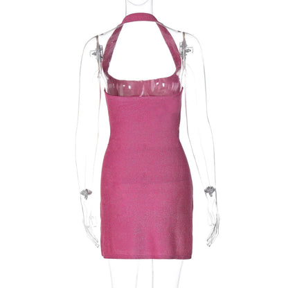 Hugcitar 2024 Women Elegant Shine Halter Backless Slit Sexy Slim Midi Dress Spring Summer Clothes Birthday Party Festival Y2K