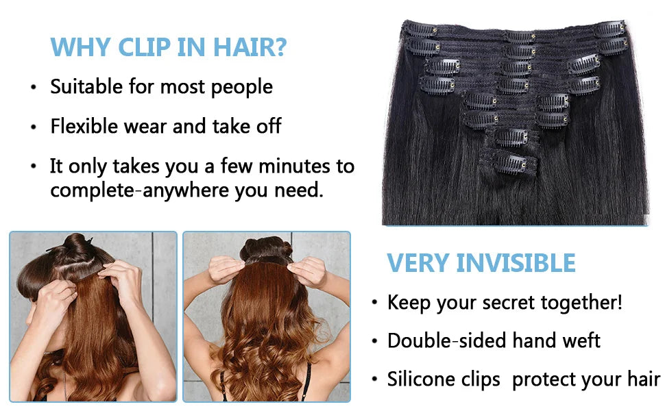 Kinky Straight Clip in Hair Extensions Seamless Clip ins Hair Extensions 16 Inch Real 100% Human Hair Straight Natural Color 1B