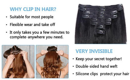 Kinky Straight Clip in Hair Extensions Seamless Clip ins Hair Extensions 16 Inch Real 100% Human Hair Straight Natural Color 1B