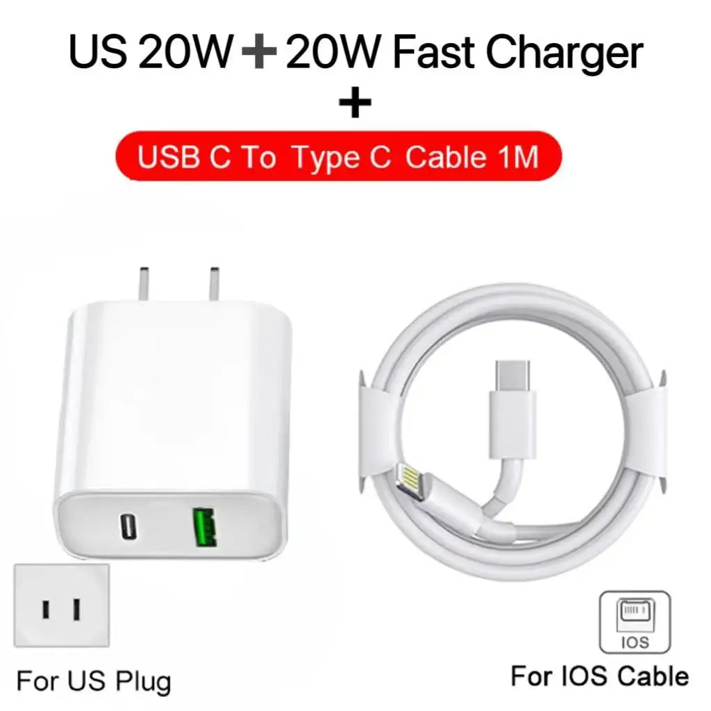 20W Fast Charger For iPhone 13 mini 12 11 pro  14 Pro Max Plus X XR XS USB Type C Fast Charging Charger Cable Accessories