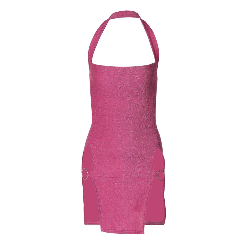 Hugcitar 2024 Women Elegant Shine Halter Backless Slit Sexy Slim Midi Dress Spring Summer Clothes Birthday Party Festival Y2K