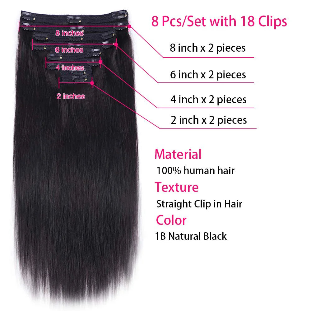 Clip In Hair Extension Human Hair Straight Brazilian Human Hair Clip In Extensions Full Head Seamless Natural Black 1B For Women