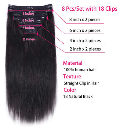 Clip In Hair Extension Human Hair Straight Brazilian Human Hair Clip In Extensions Full Head Seamless Natural Black 1B For Women