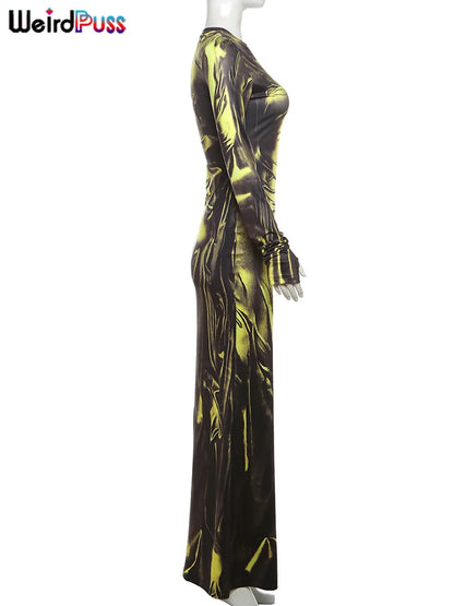 Weird Puss Sexy Light Print Dress Women 2024 Fashion Fall Simple o-Neck Long Sleeve o-Neck Street Skinny Stretch Maxi Bodycon