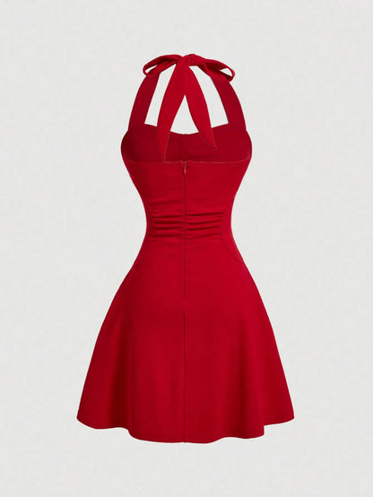 Red Bow Halter Dress Female New Autumn Spice Girl Pleated Fashion Waist Show Thin Short Skirt Trend
