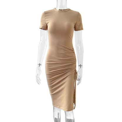 Sexy Side Slit Short Sleeve Wrap Buttocks  Round Neck Dress 2024 Summer Drawstring Tie Up Women's Clothing