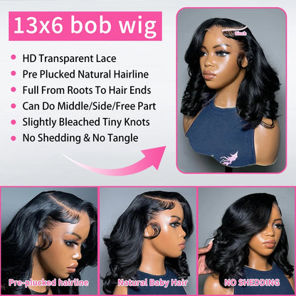 220 Density Body Wave Short Bob 13x4 13x6 Transparent Lace Front Human Hair Wigs 5x5 HD Pre Plucked Lace Frontal Wig For Women