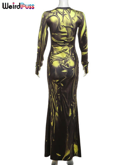 Weird Puss Sexy Light Print Dress Women 2024 Fashion Fall Simple o-Neck Long Sleeve o-Neck Street Skinny Stretch Maxi Bodycon