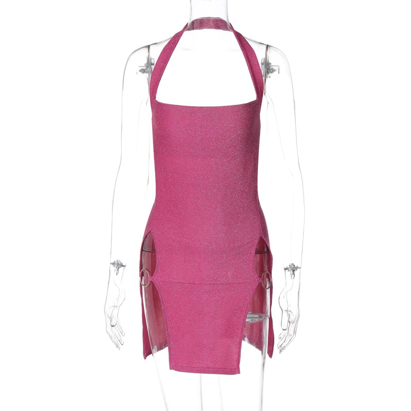 Hugcitar 2024 Women Elegant Shine Halter Backless Slit Sexy Slim Midi Dress Spring Summer Clothes Birthday Party Festival Y2K