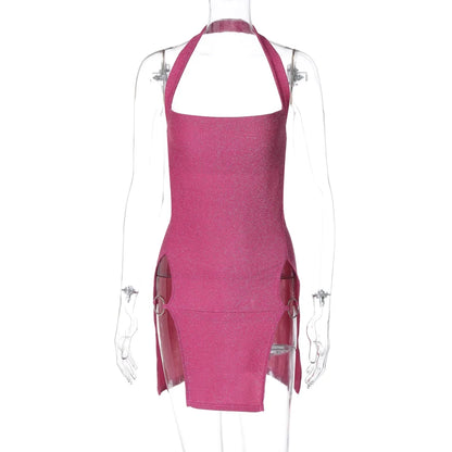 Hugcitar 2024 Women Elegant Shine Halter Backless Slit Sexy Slim Midi Dress Spring Summer Clothes Birthday Party Festival Y2K