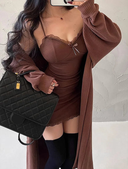 Y2K Retro Lace Patchwork Spaghetti Strap Black Bodycon Dress Mini Fashion Aesthetic Bow Club Party Sexy Dresses for Women