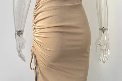 Sexy Side Slit Short Sleeve Wrap Buttocks  Round Neck Dress 2024 Summer Drawstring Tie Up Women's Clothing