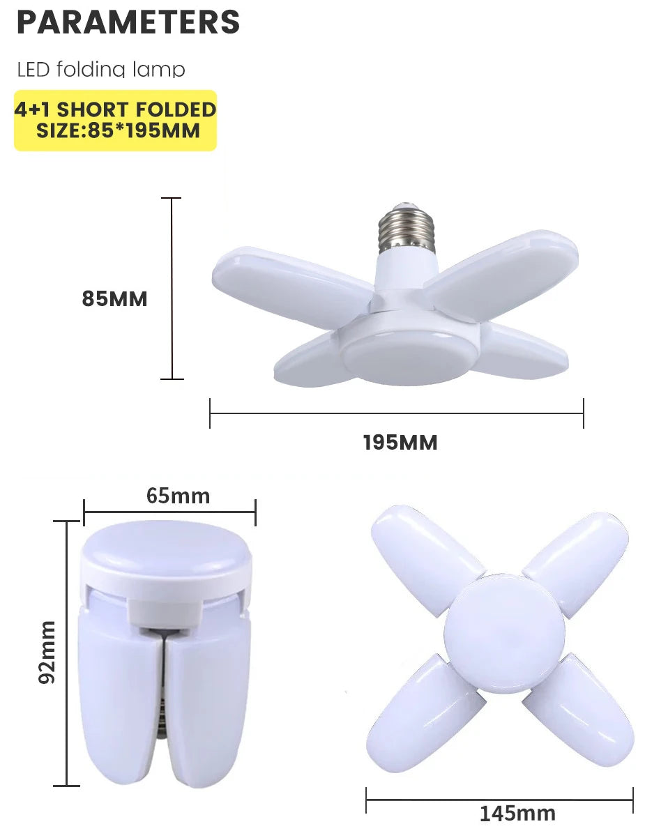 E27 Fan Foldable 28W LED Bulb AC220V/110V 40 Bulb Deformation for Home Ceiling Lights Warehouse and Garage White Light6500K Bulb