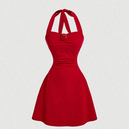 Red Bow Halter Dress Female New Autumn Spice Girl Pleated Fashion Waist Show Thin Short Skirt Trend
