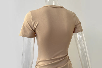 Sexy Side Slit Short Sleeve Wrap Buttocks  Round Neck Dress 2024 Summer Drawstring Tie Up Women's Clothing