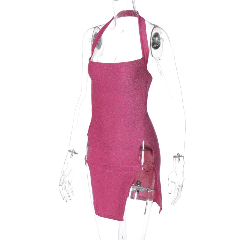 Hugcitar 2024 Women Elegant Shine Halter Backless Slit Sexy Slim Midi Dress Spring Summer Clothes Birthday Party Festival Y2K