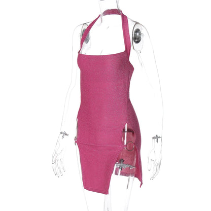 Hugcitar 2024 Women Elegant Shine Halter Backless Slit Sexy Slim Midi Dress Spring Summer Clothes Birthday Party Festival Y2K